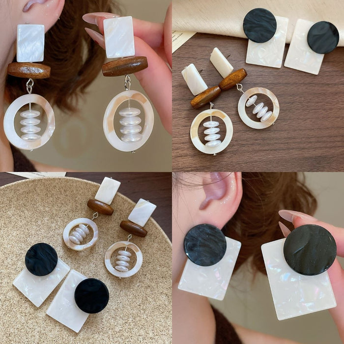 Geometric Acrylic Shell Wood Bead Drop Earrings Retro Square Stud Dangle Earrings For Women