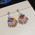 Vintage Ethnic Fan Shaped Faux Crystal Rhinestone Silver Pin Drop Earrings view 3