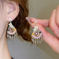 Vintage Ethnic Fan Shaped Faux Crystal Rhinestone Silver Pin Drop Earrings view 2