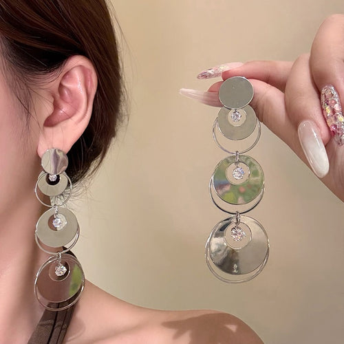 Metal Silver Needle Geometric Round Zircon Pendant Drop Earrings For Minimalist Luxury Style