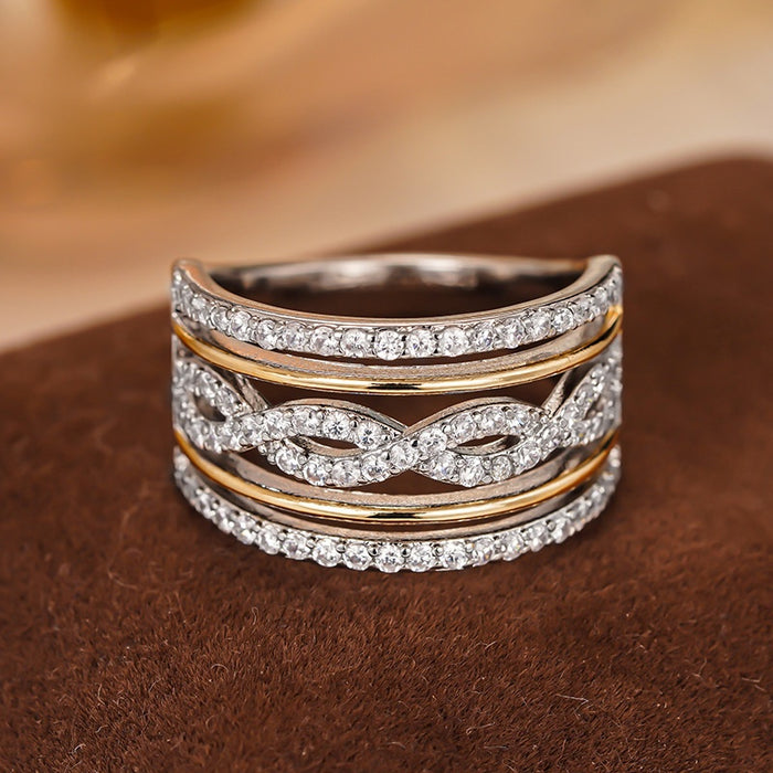 European American Style Two Tone Princess Ring With Micro Pave Zircon Line Design