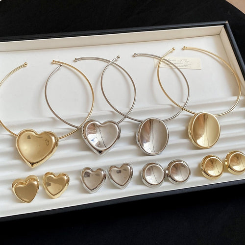 Western Metallic Oval Heart Stud Earrings And Necklace Jewelry Set, Minimalist Collarbone Chain For Women