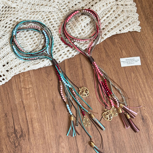 Light Luxury Ethnic Acrylic Crystal Beaded Multilayer Colorful Tassel Sweater Necklace