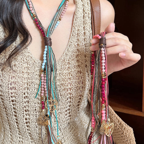 Light Luxury Ethnic Acrylic Crystal Beaded Multilayer Colorful Tassel Sweater Necklace