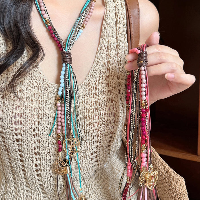 Light Luxury Ethnic Acrylic Crystal Beaded Multilayer Colorful Tassel Sweater Necklace
