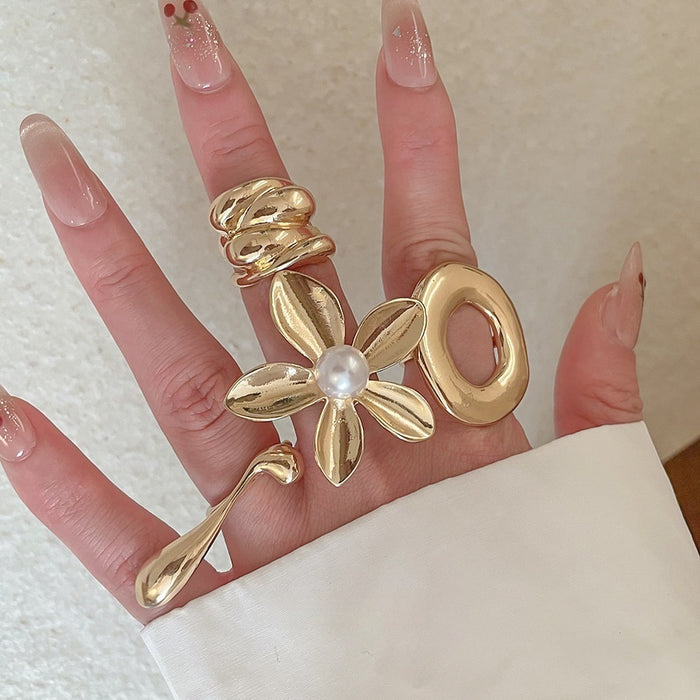 European American Alloy Round Flower Teardrop Ring Minimalist Geometric Statement Jewelry