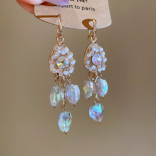 Light Luxury French Court Heart Teardrop Crystal Tassel Drop Earrings