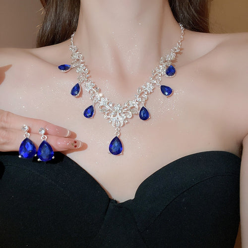 Alloy Rhinestone Flower Teardrop Drop Earrings And Necklace Jewelry Set Court Style Choker