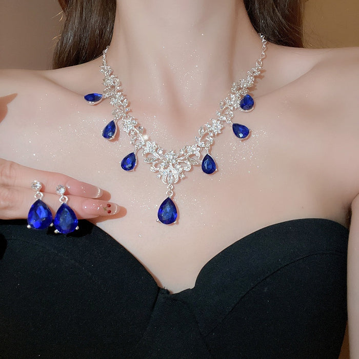 Alloy Rhinestone Flower Teardrop Drop Earrings And Necklace Jewelry Set Court Style Choker