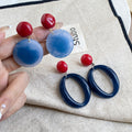 Vintage Hong Kong Style Red Blue Contrast Acrylic Geometric Round Disc Oval Hoop Statement Drop Earrings view 2