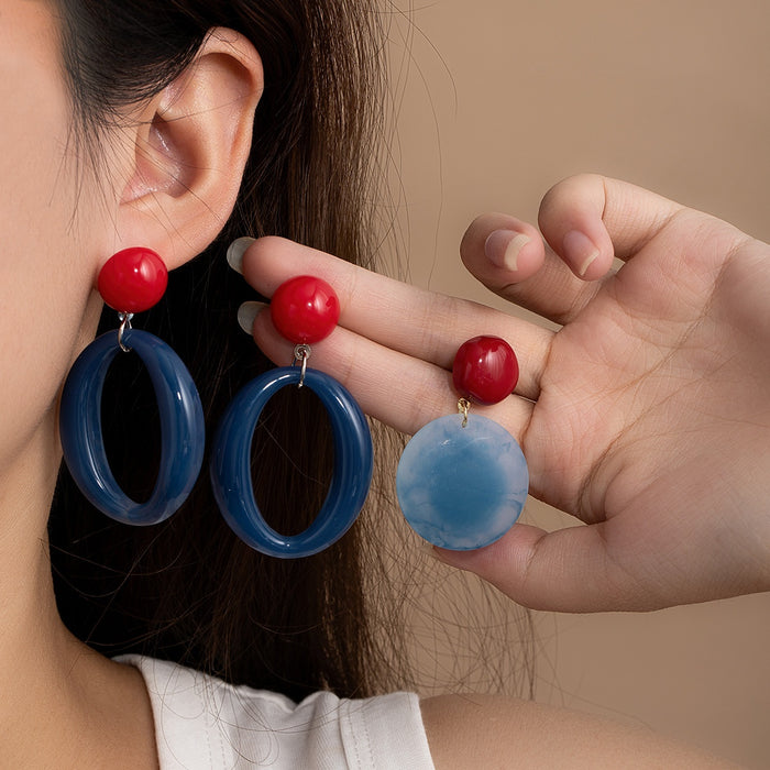 Vintage Hong Kong Style Red Blue Contrast Acrylic Geometric Round Disc Oval Hoop Statement Drop Earrings