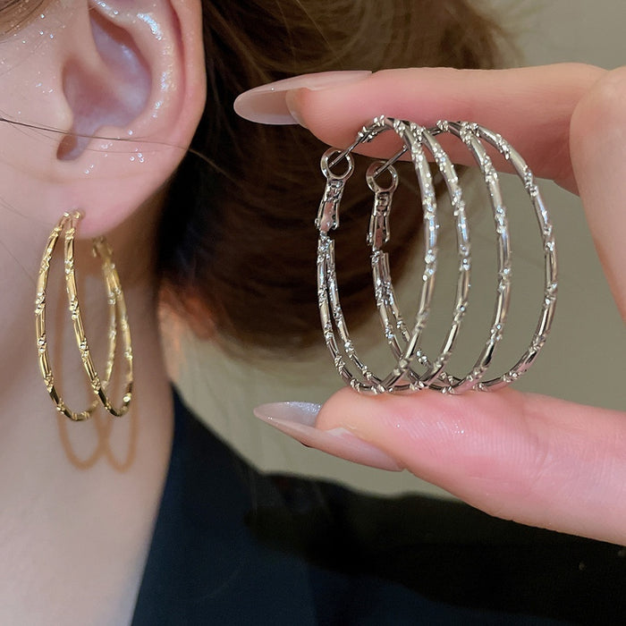 Copper Bamboo Joint Double Layer Hoop Earrings For Women, Minimalist European Style