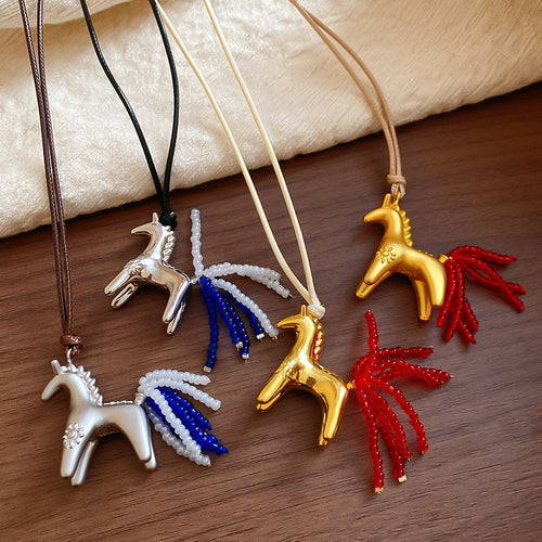 Casual Mixed Material Horse Crystal Tail Pendant Sweater Necklace, Minimalist Zodiac Clavicle Chain