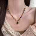 Vintage Bohemian Stainless Steel Glass Bead Round Pendant Sweater Necklace Retro Ethnic Geometric Collar Chain view 3