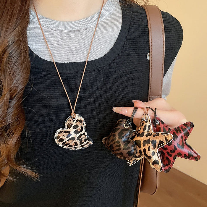 Vintage Ethnic Cowhide Leather Leopard Print Star Heart Pendant Collarbone Necklace for Women