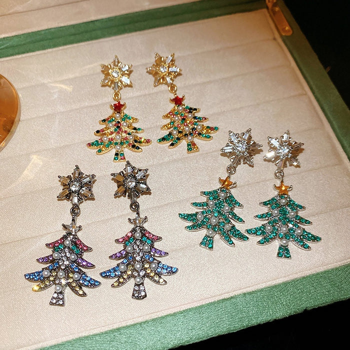 Light Luxury Zinc Alloy Snowflake Christmas Tree Pearl Tassel Drop Earrings With Rhinestone Floral Design