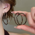 Vintage Leopard Print Round Heart Pendant Metal Hoop Earrings For Women view 1