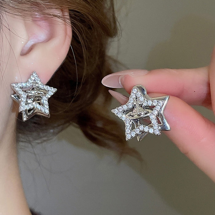 Light Luxury Copper Star Saturn Zircon Drop Earrings With Silver Needle Style