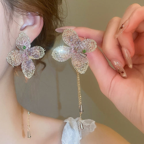 Chic Floral Artificial Crystal Tassel Drop Earrings With Silver Needle Posts