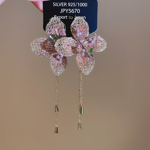 Chic Floral Artificial Crystal Tassel Drop Earrings With Silver Needle Posts