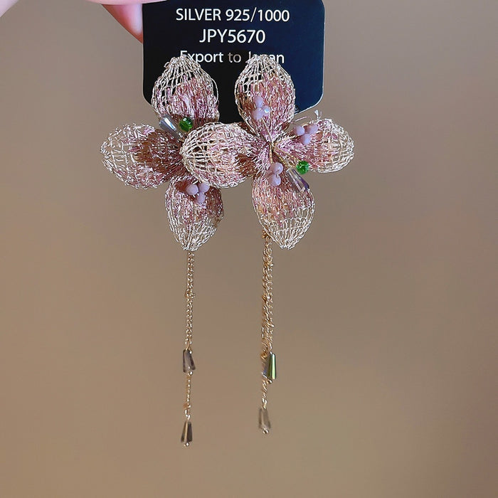 Chic Floral Artificial Crystal Tassel Drop Earrings With Silver Needle Posts