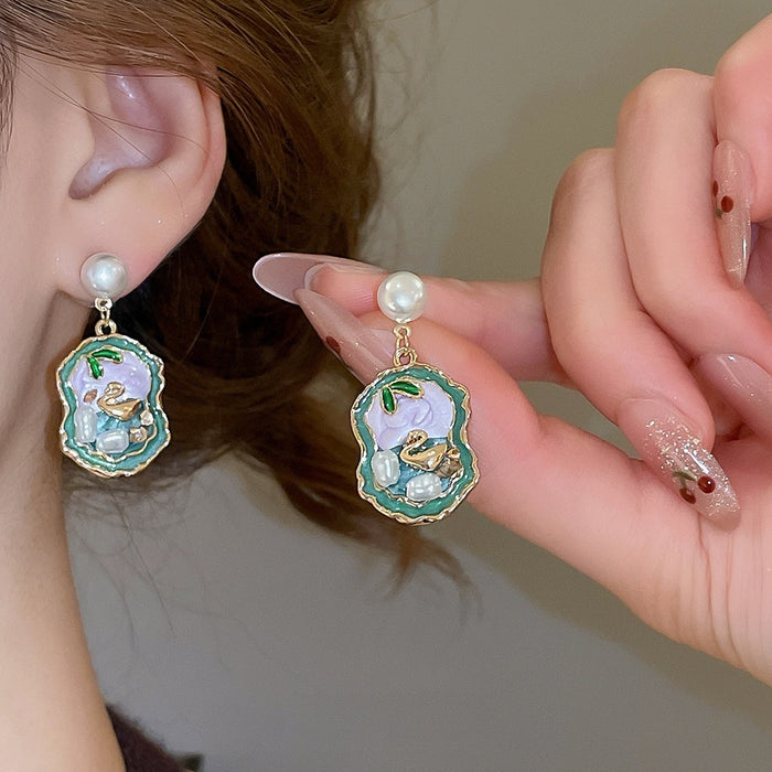 Zinc Alloy Pearl Round Pendant Drop Earrings With Enamel New Chinese Retro Elegant Style