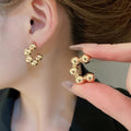 Modern Minimalist Iron C-Shaped Round Bead Drop Earrings, Geometric Metallic Stud Style view 4