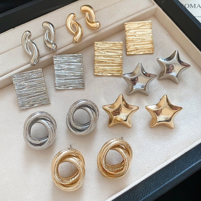 Metallic Iron Crinkle Wrapped Twisted Knot Star Geometric Stud Earrings