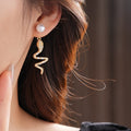14K Gold Plated Silver Pin Zircon Twisted Snake Faux Pearl Two Way Stud Earrings view 4