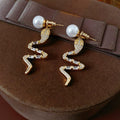 14K Gold Plated Silver Pin Zircon Twisted Snake Faux Pearl Two Way Stud Earrings view 3