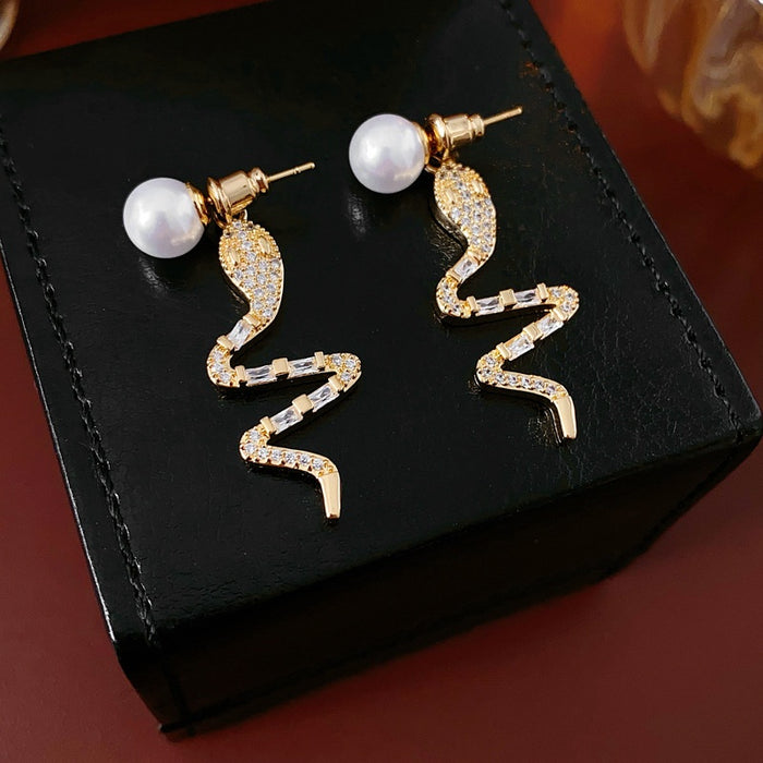 14K Gold Plated Silver Pin Zircon Twisted Snake Faux Pearl Two Way Stud Earrings
