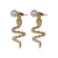 14K Gold Plated Silver Pin Zircon Twisted Snake Faux Pearl Two Way Stud Earrings view 5