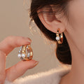 14K Gold Plated Geometric Circle Faux Pearl Hoop Earrings For Women French Minimalist Style view 2