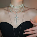 Light Luxury Faux Pearl Crystal Beaded Cross Double Layer Sweater Necklace For Women view 3