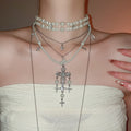 Light Luxury Faux Pearl Crystal Beaded Cross Double Layer Sweater Necklace For Women view 1