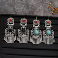 Bohemian Ethnic Vintage Hollow Alloy Red Turquoise Stone Flower Tassel Dangle Earrings view 1