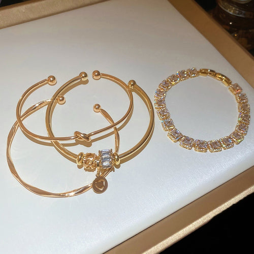 Sparkling Zircon Twisted Knot Alloy Bracelet Trio French Court Light Luxury Style