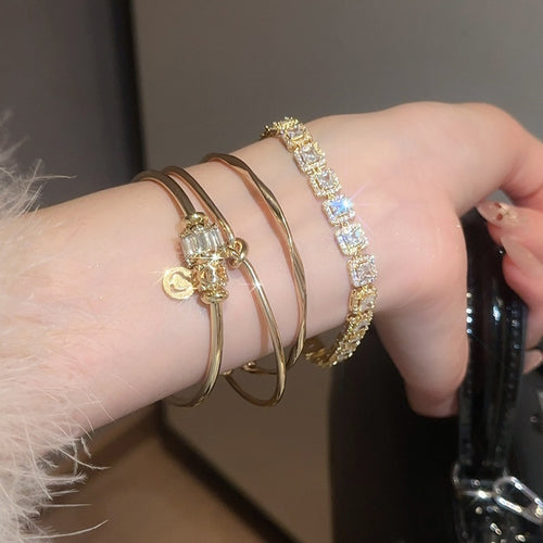 Sparkling Zircon Twisted Knot Alloy Bracelet Trio French Court Light Luxury Style
