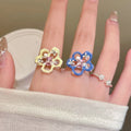Colorful Rhinestone Enamel Hollow Flower Open Ring For Women Trendy Adjustable Statement Jewelry view 1