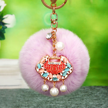 Jeweled Ruyi Lock Faux Fur Pom Pom Keychains in Fifteen Colors