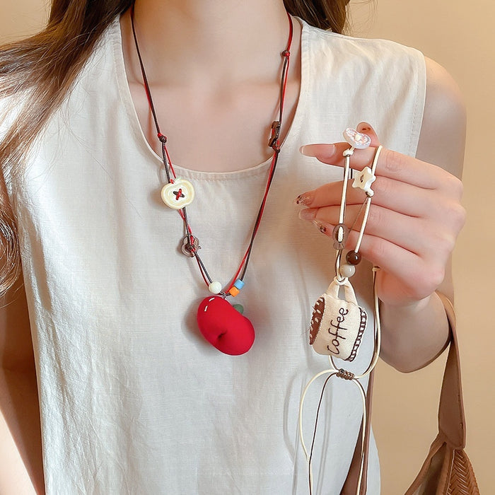 Pastoral Fabric Beaded Wooden Apple Letter Coffee Pendant Sweater Necklace