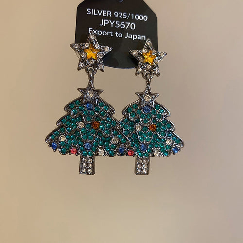 Light Luxury Alloy Rhinestone Star Christmas Tree Drop Earrings With Silver Pins