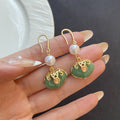Vintage Chinese Style Green Enamel Peace Lock Pearl Alloy Drops For Elegant Qipao Jewelry Earrings view 2