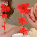 Vacation Style Fabric Flower Tassel Drop Earrings With Silver Needle Posts For Women view 3