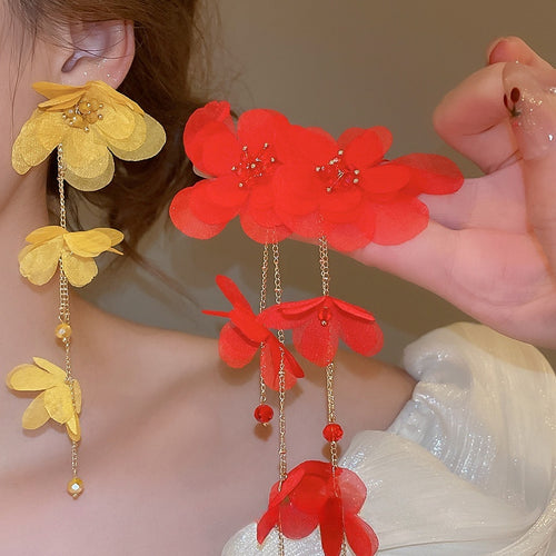 Vacation Style Fabric Flower Tassel Drop Earrings With Silver Needle Posts For Women