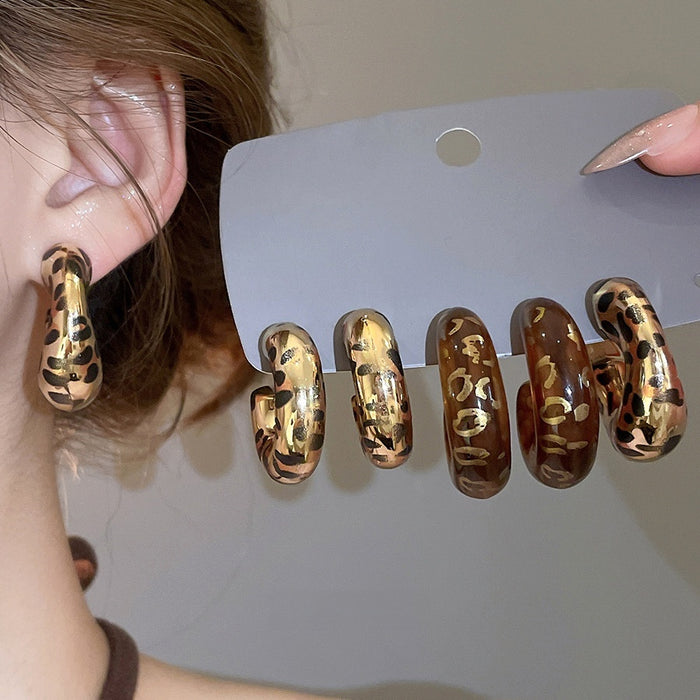 Leopard Print Acrylic C Shape Stud Earrings With Steel Pins, Vintage Geometric Circle Design