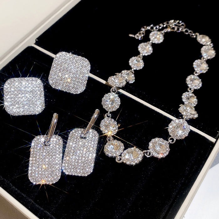 Light Luxury Copper Rhinestone Square Oval Earrings And Collarbone Necklace Jewelry Set