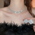 Light Luxury Copper Rhinestone Square Oval Earrings And Collarbone Necklace Jewelry Set view 2