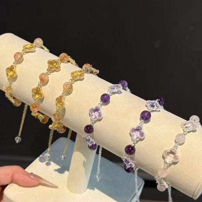 Citrine Crystal Four Leaf Flower Adjustable Bangle For Women Light Luxury Elegant Petal Jewelry