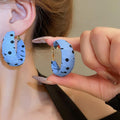 Vintage Hong Kong Style Fabric Wrapped Polka Dot Geometric Hoop Earrings With Silver Posts view 4
